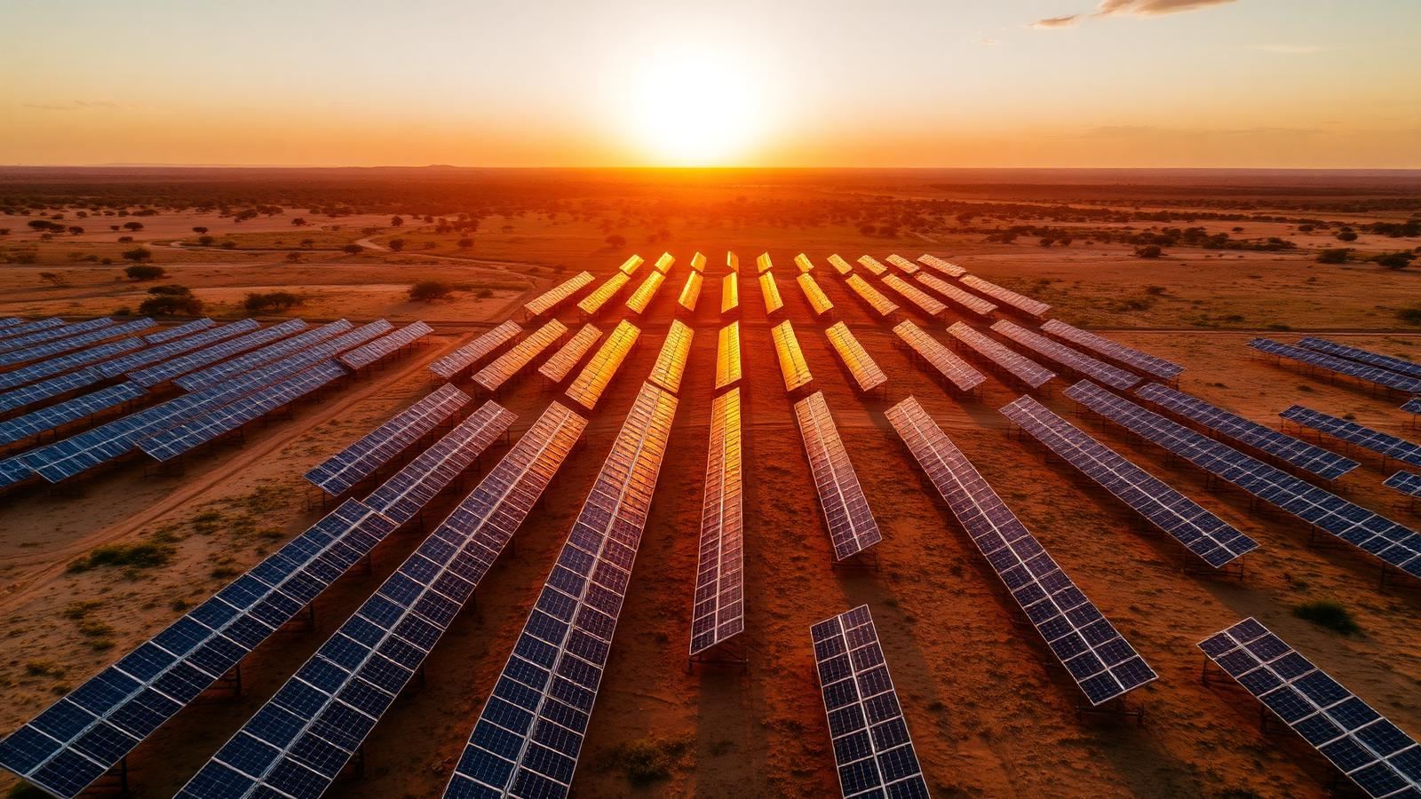 Solar park at sunset in Africa