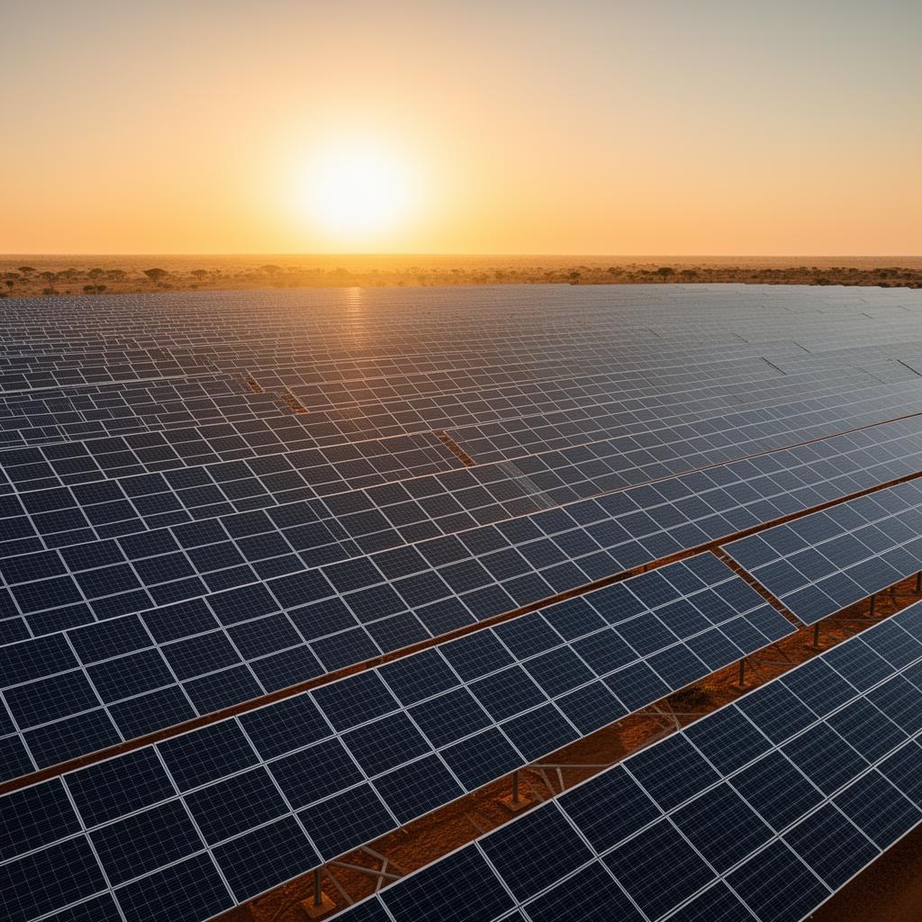 Utility-scale solar park in Africa at golden hour